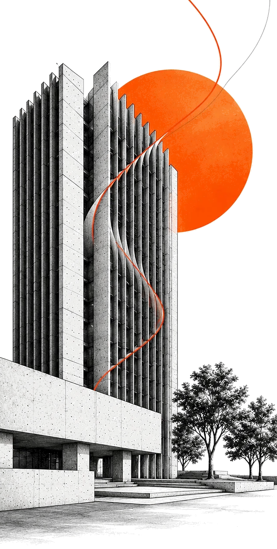 A tower drawn from threads, with an orange sun behind it